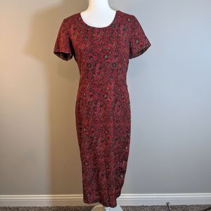 Red Silk Floral Midi Dress